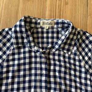 Blue and white checkered tie shirt.